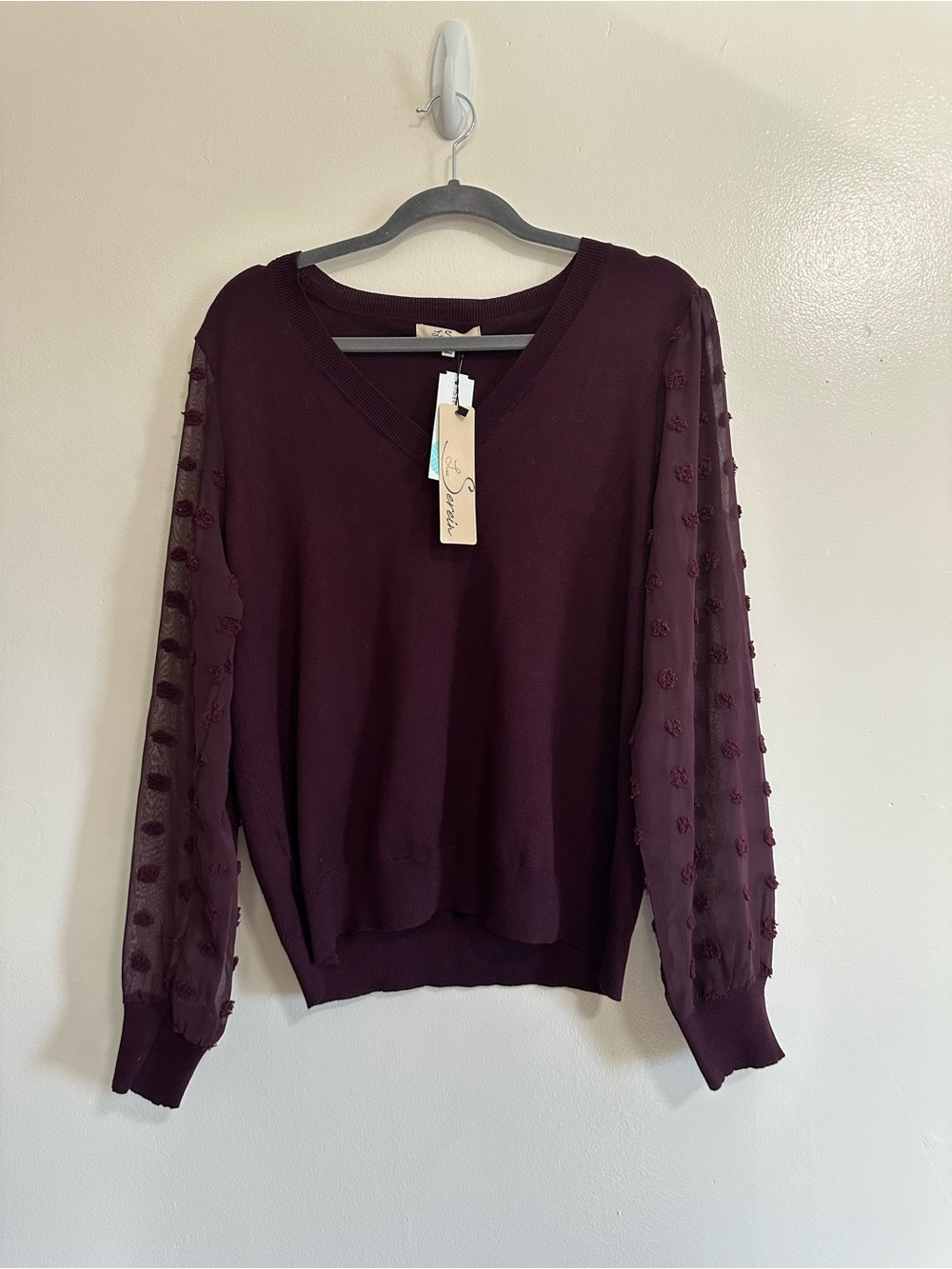 LES SEREIN Rehannin Textured Sleeve Sweater, Plum, Large, NWT